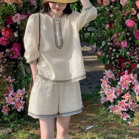 Bohemian Embroidery Cotton And Linen Suit Women's Summer Retro Suit